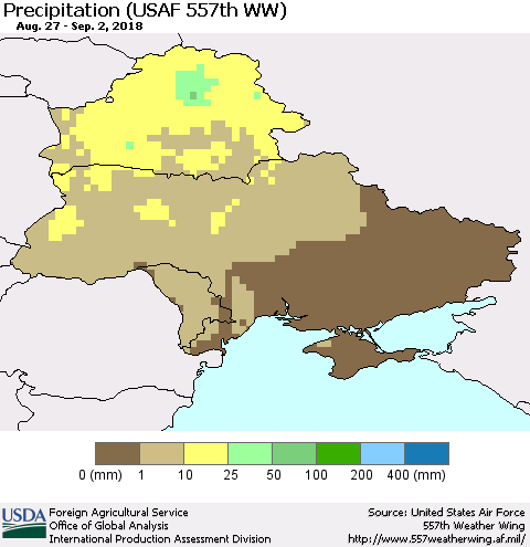 Ukraine, Moldova and Belarus Precipitation (USAF 557th WW) Thematic Map For 8/27/2018 - 9/2/2018