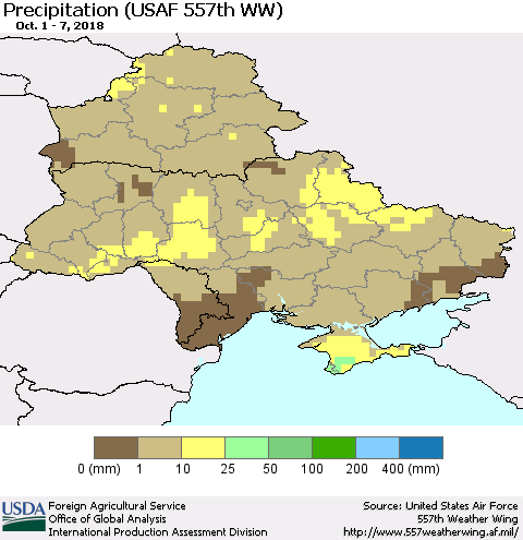 Ukraine, Moldova and Belarus Precipitation (USAF 557th WW) Thematic Map For 10/1/2018 - 10/7/2018