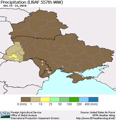 Ukraine, Moldova and Belarus Precipitation (USAF 557th WW) Thematic Map For 10/15/2018 - 10/21/2018