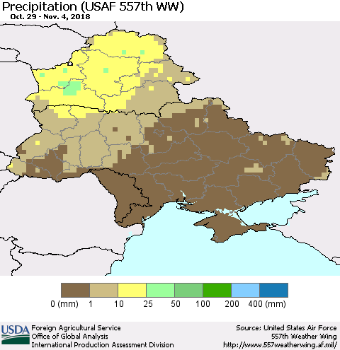 Ukraine, Moldova and Belarus Precipitation (USAF 557th WW) Thematic Map For 10/29/2018 - 11/4/2018