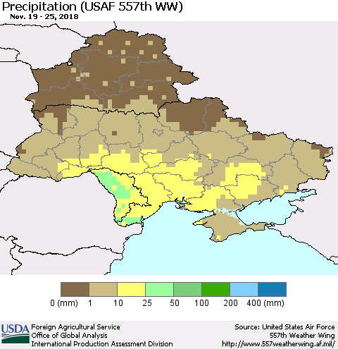 Ukraine, Moldova and Belarus Precipitation (USAF 557th WW) Thematic Map For 11/19/2018 - 11/25/2018
