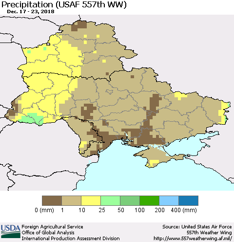Ukraine, Moldova and Belarus Precipitation (USAF 557th WW) Thematic Map For 12/17/2018 - 12/23/2018