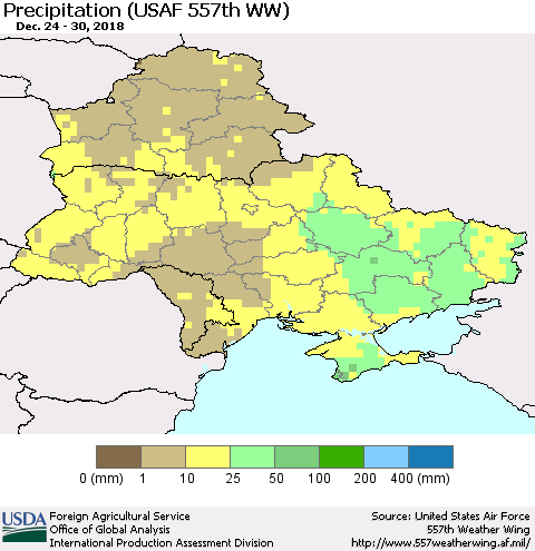 Ukraine, Moldova and Belarus Precipitation (USAF 557th WW) Thematic Map For 12/24/2018 - 12/30/2018