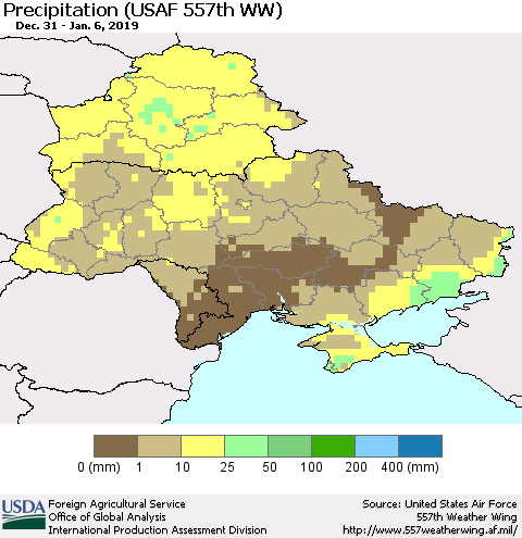 Ukraine, Moldova and Belarus Precipitation (USAF 557th WW) Thematic Map For 12/31/2018 - 1/6/2019