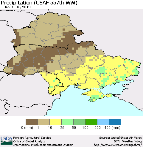 Ukraine, Moldova and Belarus Precipitation (USAF 557th WW) Thematic Map For 1/7/2019 - 1/13/2019