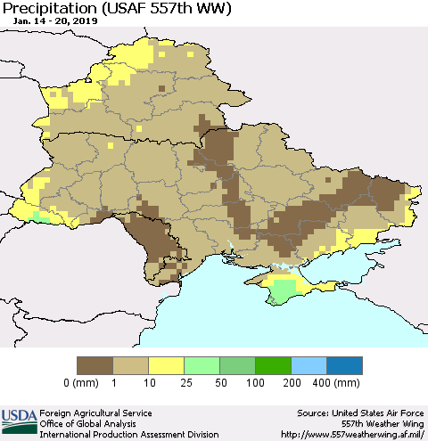 Ukraine, Moldova and Belarus Precipitation (USAF 557th WW) Thematic Map For 1/14/2019 - 1/20/2019