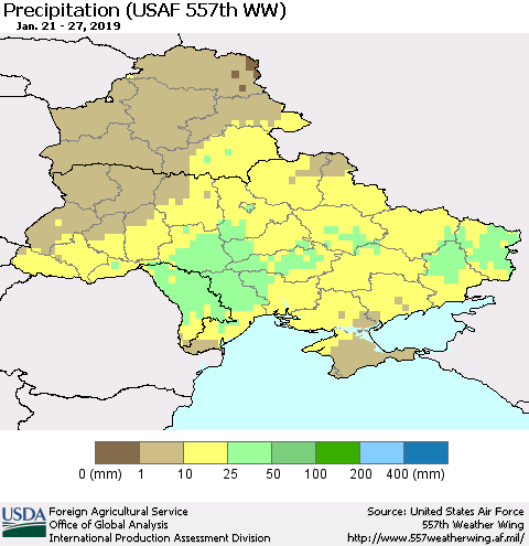 Ukraine, Moldova and Belarus Precipitation (USAF 557th WW) Thematic Map For 1/21/2019 - 1/27/2019
