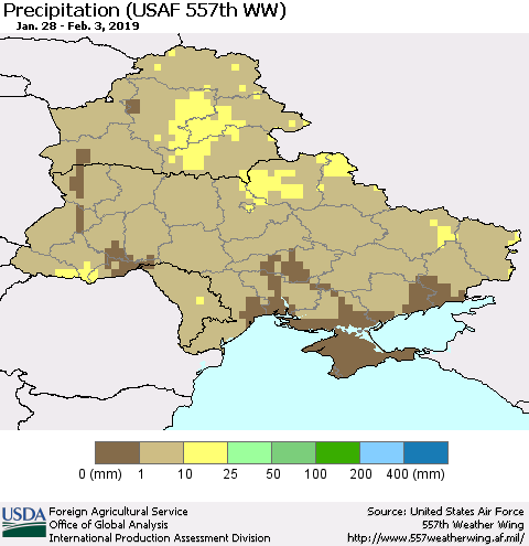 Ukraine, Moldova and Belarus Precipitation (USAF 557th WW) Thematic Map For 1/28/2019 - 2/3/2019