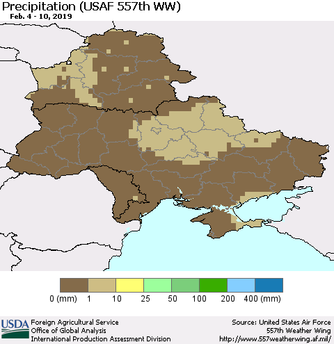 Ukraine, Moldova and Belarus Precipitation (USAF 557th WW) Thematic Map For 2/4/2019 - 2/10/2019