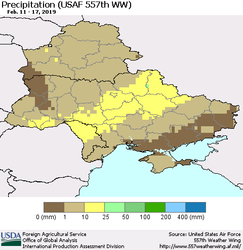 Ukraine, Moldova and Belarus Precipitation (USAF 557th WW) Thematic Map For 2/11/2019 - 2/17/2019