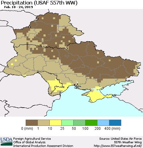 Ukraine, Moldova and Belarus Precipitation (USAF 557th WW) Thematic Map For 2/18/2019 - 2/24/2019