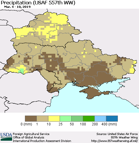 Ukraine, Moldova and Belarus Precipitation (USAF 557th WW) Thematic Map For 3/4/2019 - 3/10/2019