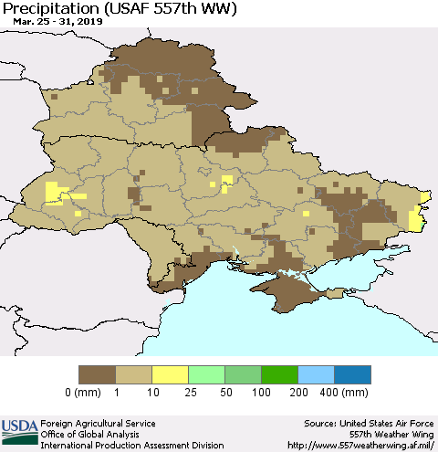 Ukraine, Moldova and Belarus Precipitation (USAF 557th WW) Thematic Map For 3/25/2019 - 3/31/2019