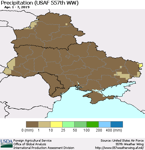 Ukraine, Moldova and Belarus Precipitation (USAF 557th WW) Thematic Map For 4/1/2019 - 4/7/2019
