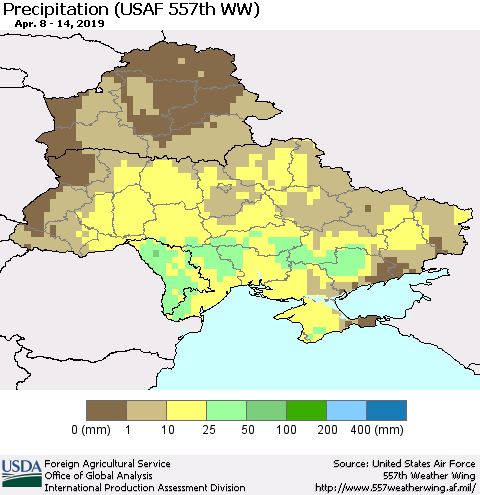 Ukraine, Moldova and Belarus Precipitation (USAF 557th WW) Thematic Map For 4/8/2019 - 4/14/2019