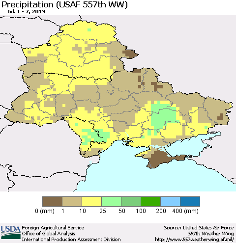 Ukraine, Moldova and Belarus Precipitation (USAF 557th WW) Thematic Map For 7/1/2019 - 7/7/2019