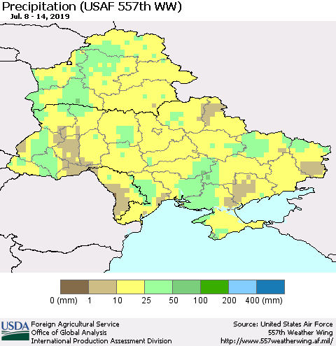 Ukraine, Moldova and Belarus Precipitation (USAF 557th WW) Thematic Map For 7/8/2019 - 7/14/2019