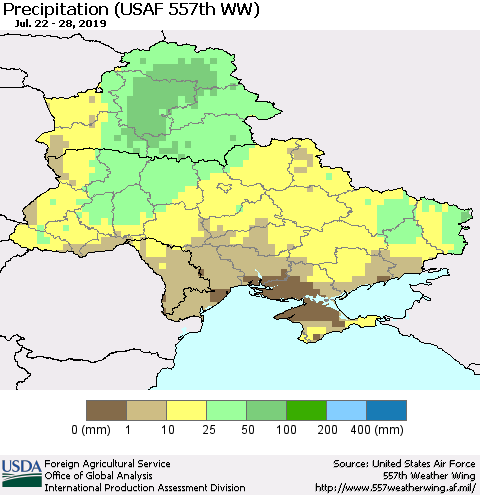 Ukraine, Moldova and Belarus Precipitation (USAF 557th WW) Thematic Map For 7/22/2019 - 7/28/2019