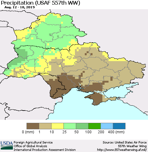 Ukraine, Moldova and Belarus Precipitation (USAF 557th WW) Thematic Map For 8/12/2019 - 8/18/2019