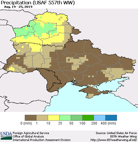 Ukraine, Moldova and Belarus Precipitation (USAF 557th WW) Thematic Map For 8/19/2019 - 8/25/2019