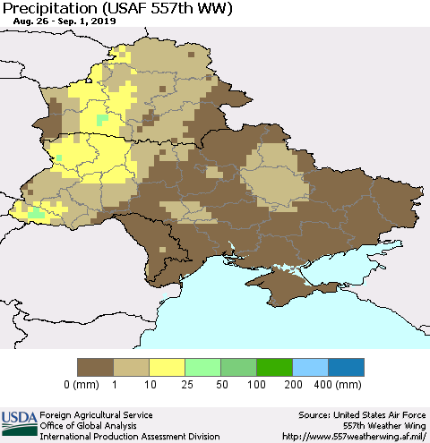 Ukraine, Moldova and Belarus Precipitation (USAF 557th WW) Thematic Map For 8/26/2019 - 9/1/2019