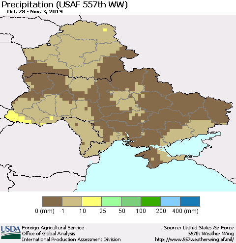 Ukraine, Moldova and Belarus Precipitation (USAF 557th WW) Thematic Map For 10/28/2019 - 11/3/2019