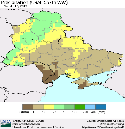Ukraine, Moldova and Belarus Precipitation (USAF 557th WW) Thematic Map For 11/4/2019 - 11/10/2019