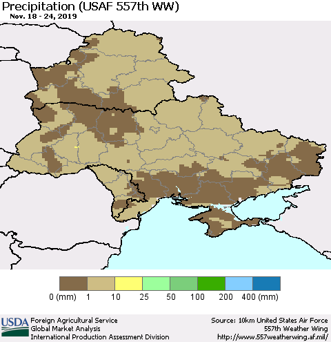 Ukraine, Moldova and Belarus Precipitation (USAF 557th WW) Thematic Map For 11/18/2019 - 11/24/2019