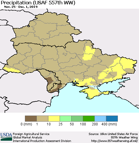 Ukraine, Moldova and Belarus Precipitation (USAF 557th WW) Thematic Map For 11/25/2019 - 12/1/2019