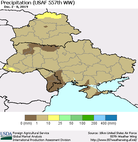 Ukraine, Moldova and Belarus Precipitation (USAF 557th WW) Thematic Map For 12/2/2019 - 12/8/2019