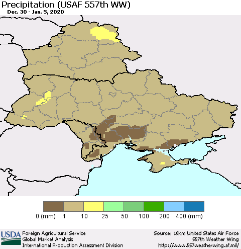 Ukraine, Moldova and Belarus Precipitation (USAF 557th WW) Thematic Map For 12/30/2019 - 1/5/2020