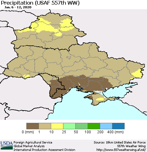 Ukraine, Moldova and Belarus Precipitation (USAF 557th WW) Thematic Map For 1/6/2020 - 1/12/2020