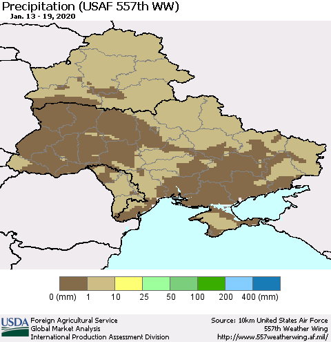Ukraine, Moldova and Belarus Precipitation (USAF 557th WW) Thematic Map For 1/13/2020 - 1/19/2020