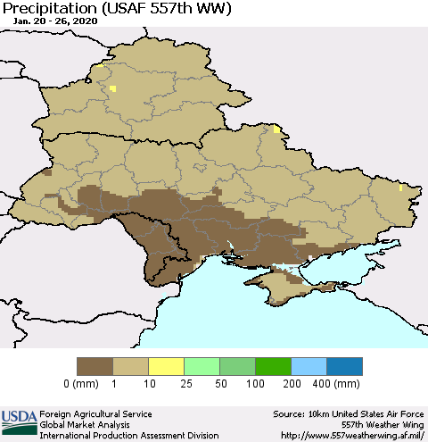 Ukraine, Moldova and Belarus Precipitation (USAF 557th WW) Thematic Map For 1/20/2020 - 1/26/2020