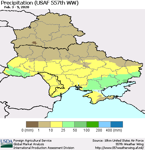 Ukraine, Moldova and Belarus Precipitation (USAF 557th WW) Thematic Map For 2/3/2020 - 2/9/2020