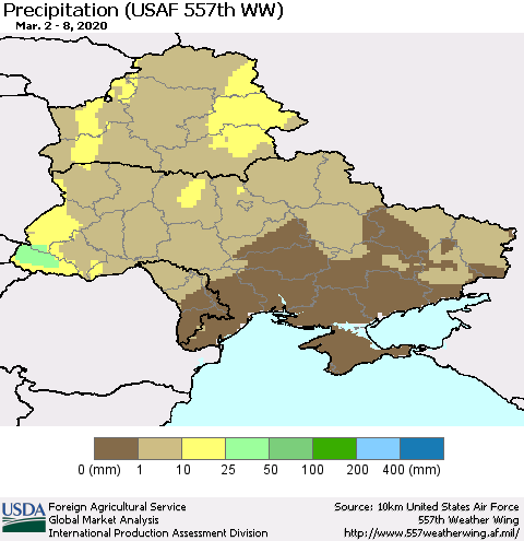 Ukraine, Moldova and Belarus Precipitation (USAF 557th WW) Thematic Map For 3/2/2020 - 3/8/2020