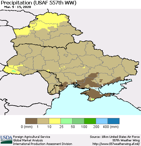 Ukraine, Moldova and Belarus Precipitation (USAF 557th WW) Thematic Map For 3/9/2020 - 3/15/2020