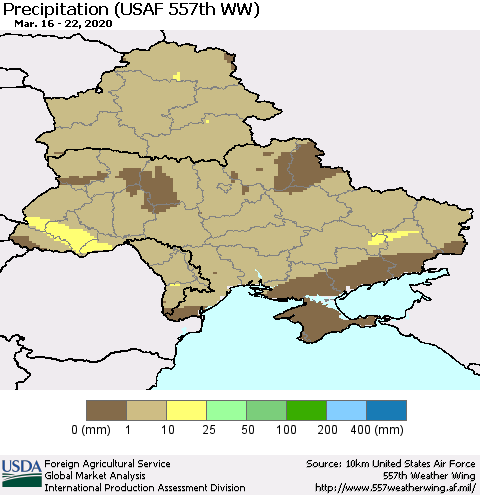 Ukraine, Moldova and Belarus Precipitation (USAF 557th WW) Thematic Map For 3/16/2020 - 3/22/2020