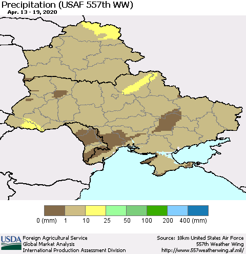 Ukraine, Moldova and Belarus Precipitation (USAF 557th WW) Thematic Map For 4/13/2020 - 4/19/2020