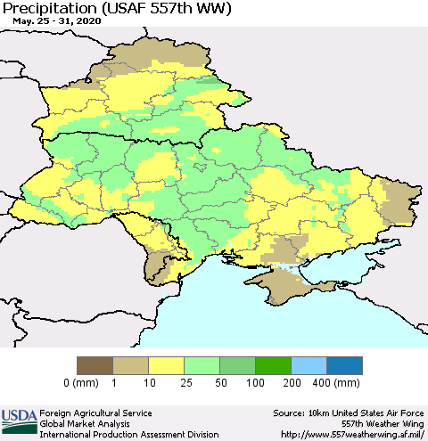 Ukraine, Moldova and Belarus Precipitation (USAF 557th WW) Thematic Map For 5/25/2020 - 5/31/2020