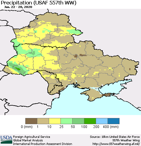 Ukraine, Moldova and Belarus Precipitation (USAF 557th WW) Thematic Map For 6/22/2020 - 6/28/2020