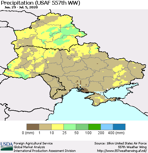 Ukraine, Moldova and Belarus Precipitation (USAF 557th WW) Thematic Map For 6/29/2020 - 7/5/2020