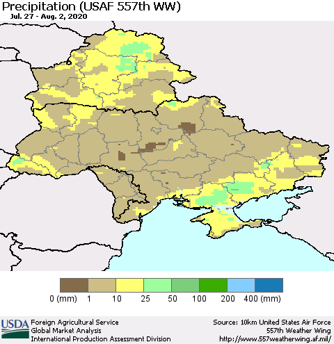 Ukraine, Moldova and Belarus Precipitation (USAF 557th WW) Thematic Map For 7/27/2020 - 8/2/2020