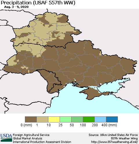 Ukraine, Moldova and Belarus Precipitation (USAF 557th WW) Thematic Map For 8/3/2020 - 8/9/2020
