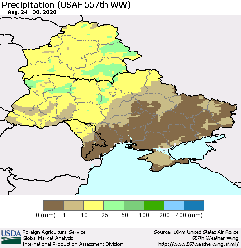 Ukraine, Moldova and Belarus Precipitation (USAF 557th WW) Thematic Map For 8/24/2020 - 8/30/2020