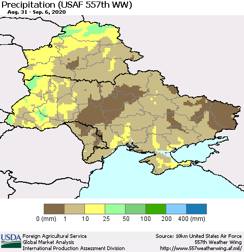 Ukraine, Moldova and Belarus Precipitation (USAF 557th WW) Thematic Map For 8/31/2020 - 9/6/2020