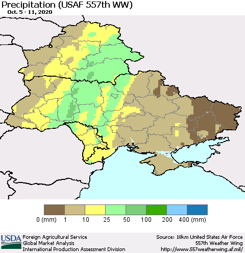 Ukraine, Moldova and Belarus Precipitation (USAF 557th WW) Thematic Map For 10/5/2020 - 10/11/2020