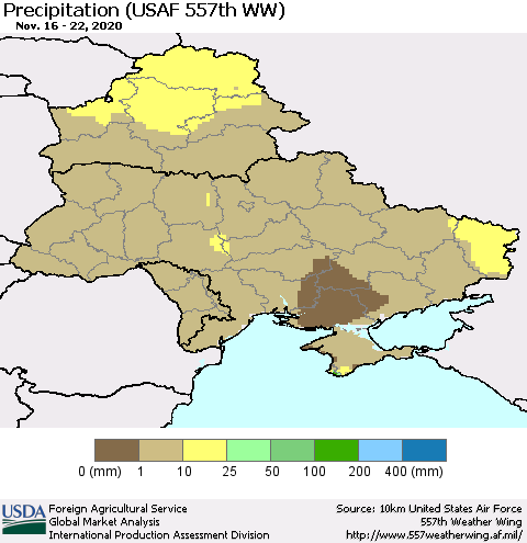 Ukraine, Moldova and Belarus Precipitation (USAF 557th WW) Thematic Map For 11/16/2020 - 11/22/2020