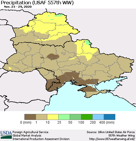 Ukraine, Moldova and Belarus Precipitation (USAF 557th WW) Thematic Map For 11/23/2020 - 11/29/2020