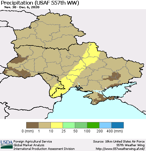 Ukraine, Moldova and Belarus Precipitation (USAF 557th WW) Thematic Map For 11/30/2020 - 12/6/2020
